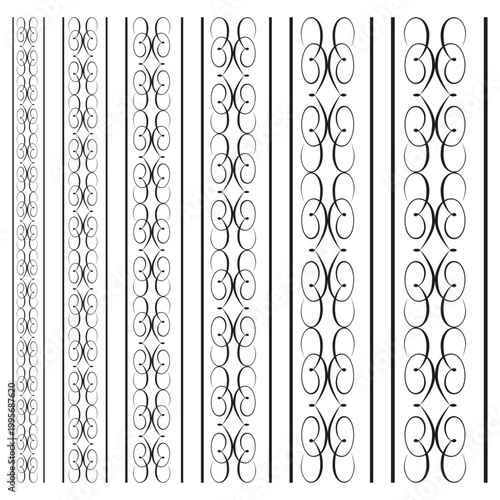 A sophisticated Vector collection of vertical border designs featuring elegant calligraphic scroll patterns and abstract ornamental flourishes.