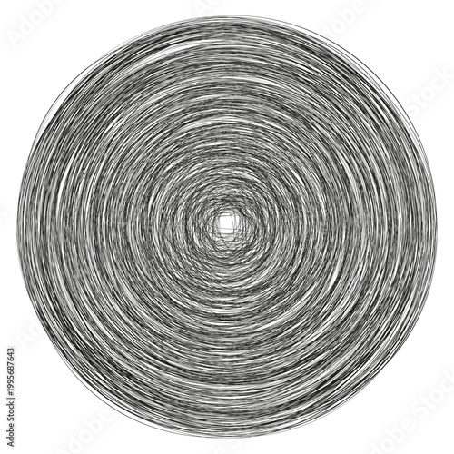 An abstract black and white Vector illustration featuring a dynamic spiral of hand drawn concentric lines, creating an optical illusion.