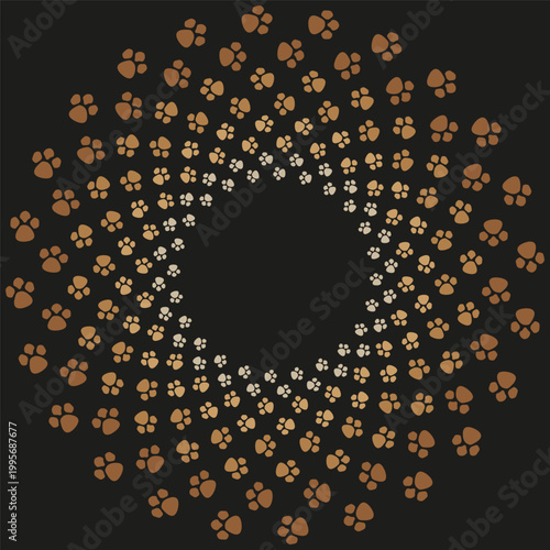 A delightful collection of brown Vector paw prints forming a circular, swirling pattern on a dark background, evoking a pet friendly aesthetic.