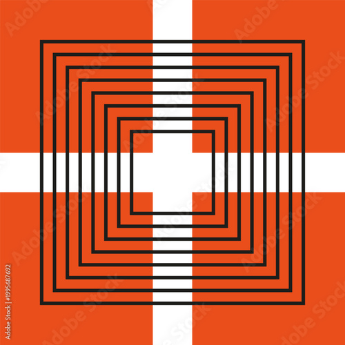 A Vector abstract geometric pattern with concentric black squares layered over an orange and white cross, producing a compelling optical illusion.