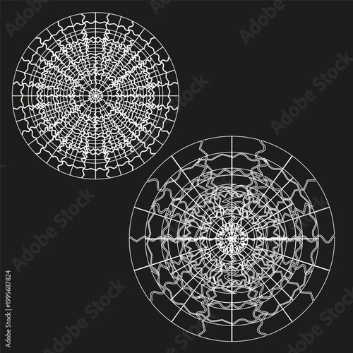 A captivating Vector set presenting two intricate abstract radial patterns, featuring delicate white lines with wavy and jagged elements on a black canvas.