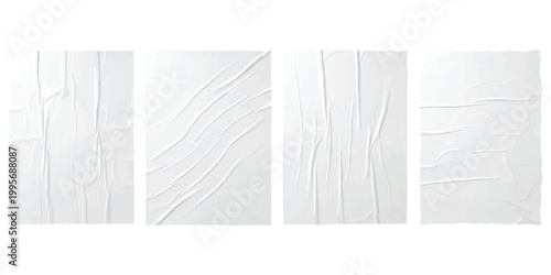 Set of four crumpled white paper sheets with folds and creases for design mockups