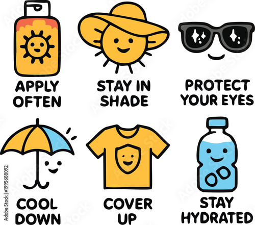 Cute sun safety icons set with sunscreen shade sunglasses hydration and protection tips cartoon vector illustration