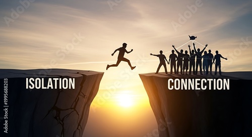 Silhouette of Person Jumping Across Cliff Gap From Isolation to Social Connection at Sunset