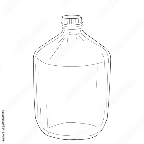 Glass bottle for wine, milk or juice, hand-drawn sketch. Vector illustration. A simple linear drawing of kitchen utensils is isolated on a white background