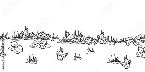 Flowers and bushes, clouds over a field of spring grass. Vector illustration. Panorama of nature scene with meadow, landscape park on seamless pattern. For cards, invitations and textile printing