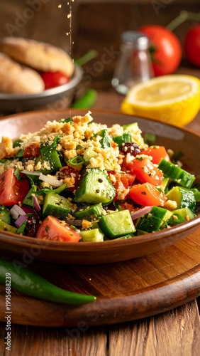 Colorful, fresh salad with tomatoes, cucumbers, & herbs in a bowl