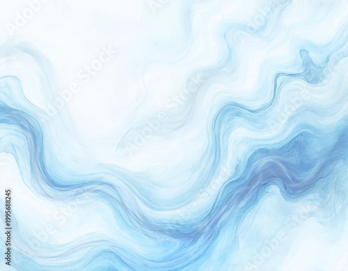 Blue background, waves and wind. The watercolor illustration is hand-drawn. Light fog or smoke, the depths of the sea, in the theme of summer, vacation and relaxation