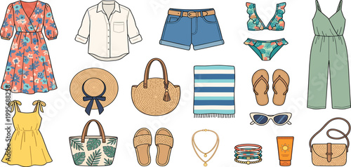 Summer women fashion collection with floral dresses swimwear straw hat sandals denim shorts and accessories for vacation travel wardrobe planning design
