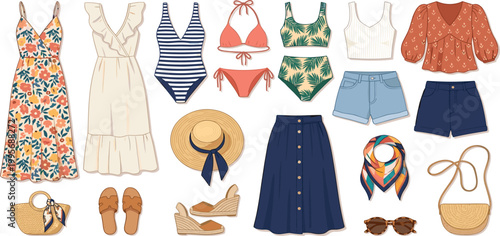 Summer women fashion collection with floral dresses swimwear straw hat sandals denim skirt and accessories for vacation travel wardrobe planning design