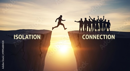 Silhouette of Person Jumping Across Cliff Gap From Isolation to Social Connection at Sunset