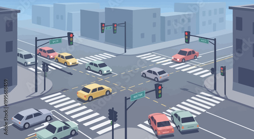 City Intersection with Traffic Lights and Cars