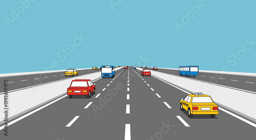 Cartoon Highway Scene with Various Vehicles Driving on a Multi-Lane Road