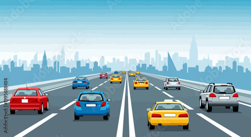 Cars Driving on Highway Towards City Skyline