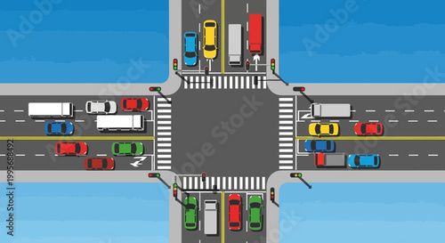 Top View of Busy Urban Intersection with Traffic and Pedestrian Crosswalks