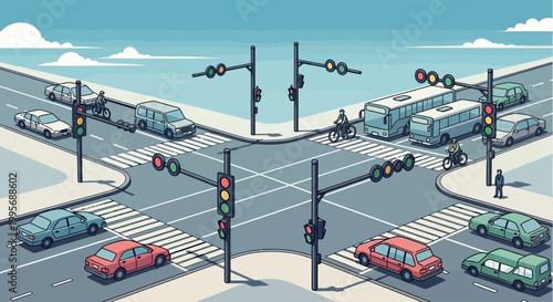 Isometric Urban Intersection with Traffic Lights and Vehicles