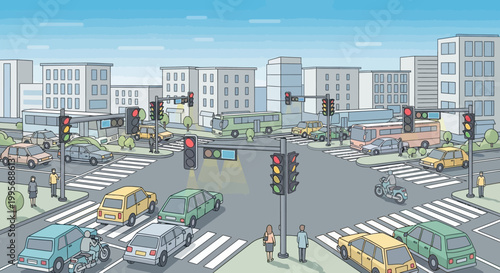Busy Urban Intersection with Traffic Lights and Vehicles