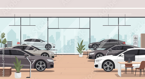 Modern Car Dealership Showroom Interior with Luxury Vehicles