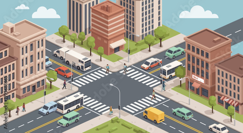 Isometric City Street Intersection with Traffic and Pedestrians