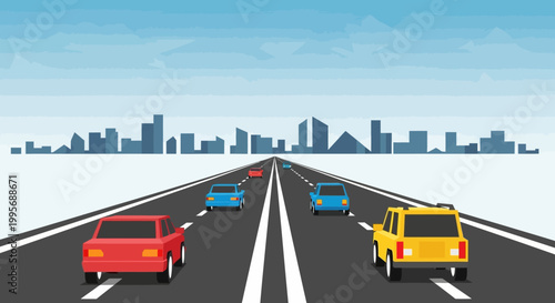 Cars Driving on Highway Towards City Skyline Vector Illustration