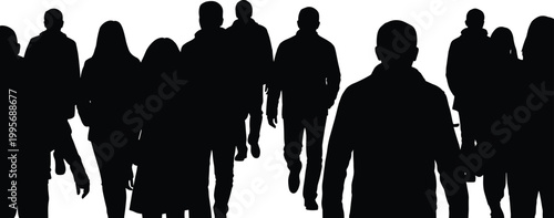 Crowd of people silhouettes walking forward isolated on white background representing urban population, social movement, anonymity and modern city lifestyle concept