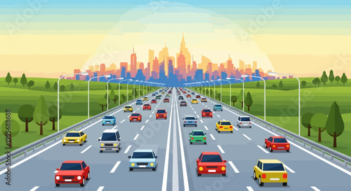 Highway Traffic Leading to City Skyline at Sunset
