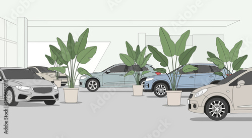 Modern Car Dealership Showroom Interior with Potted Plants