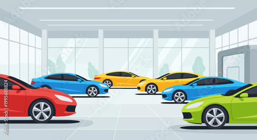 Modern Car Dealership Showroom with Colorful Vehicles
