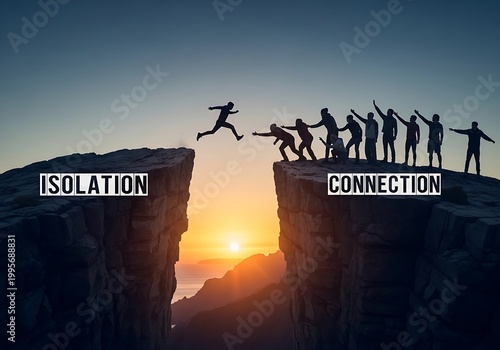 Silhouette of Person Jumping Across Cliff Gap From Isolation to Social Connection at Sunset