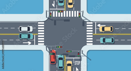 Top View of Urban Intersection with Cars and Traffic Lights