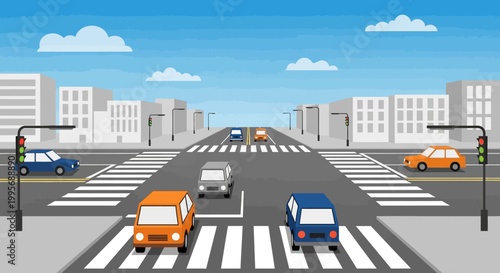 City Intersection with Cars and Pedestrian Crosswalk