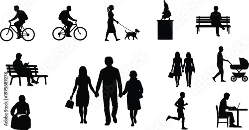 Collection of Black Silhouette People Icons Featuring Diverse Daily Activities Like Cycling Walking Running and Sitting on Park Benches