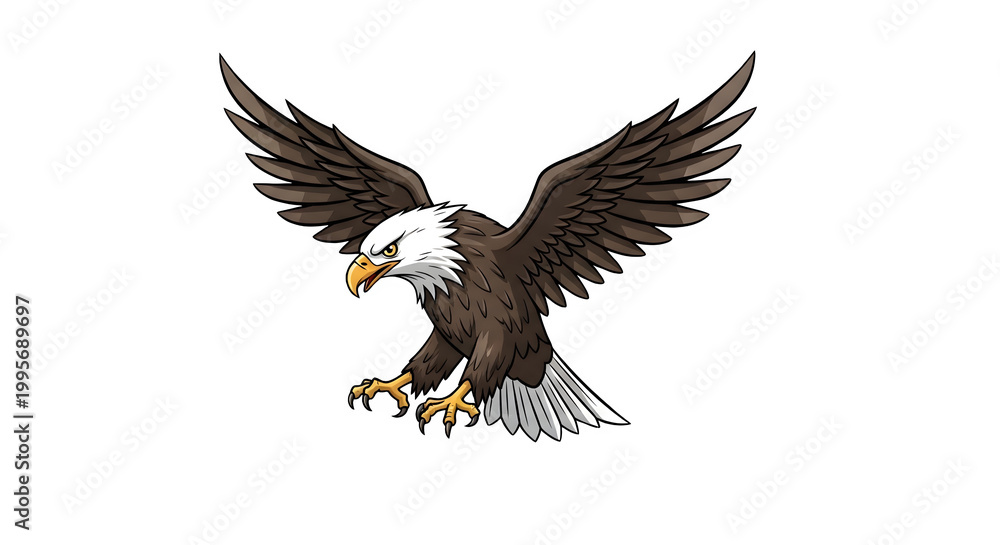 Obraz premium A brown eagle with white head and yellow beak spreads wings on transparent background