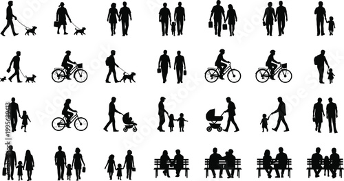 Set of Black Silhouette Icons Featuring People Walking Dogs Cycling Pushing Strollers and Sitting on Park Benches