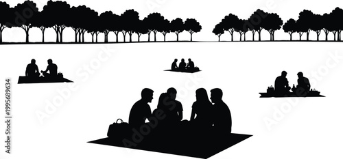 Black Silhouette Vector Illustration of Diverse Groups of People Enjoying a Relaxing Picnic in a Sunny Park Setting