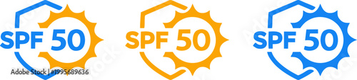 SPF 50 Protection Emblem with Sun and Shield Graphic