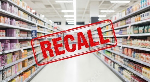 Blurry Supermarket Aisle Interior Displays Massive Red Recall Stamp Alerting Consumers To Potential Product Safety Issues And Retail Risks