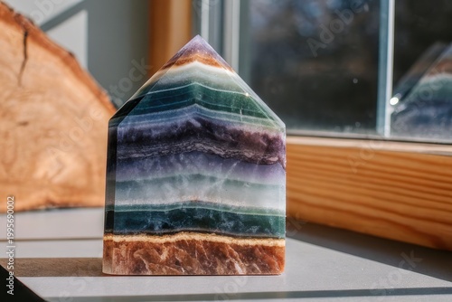 Colorful Geometric Stone Sculpture with Layered Mineral Texture in Sunlight