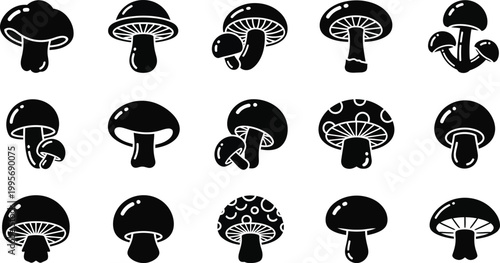 Collection of black silhouette mushroom with varying caps and stems white fungus