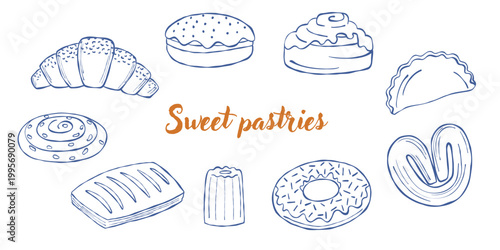 Hand drawn sweet pastries set. Bakery or shop icon, logo of pastry illustrations. Sketch of croissant, cinnamon, loaf, bagel, canele, donut, etc. Vintage art for  breakfast, cafe. Flat vector design.