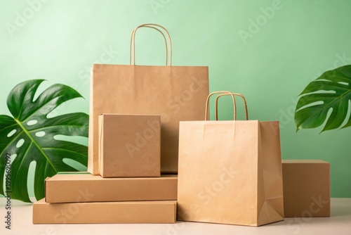 Eco Friendly Paper Bags and Cardboard Boxes with Greenery Sustainable Packaging Concept