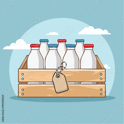 Wooden Crate of Milk Bottles with Tag