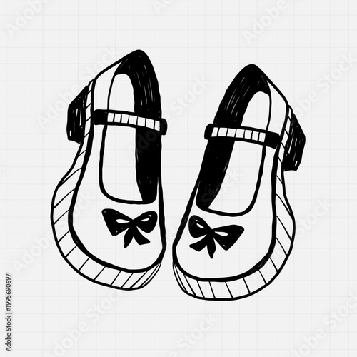 Hand-drawn black and white vector sketch of cute platform shoes with bows. Minimalist feminine footwear illustration featuring chunky heels, ankle straps, and striped sole details, isolated on a light
