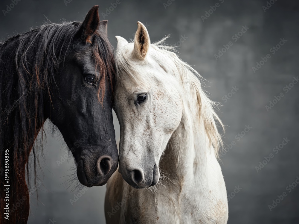 Naklejka premium Majestic black and white horses in close harmony