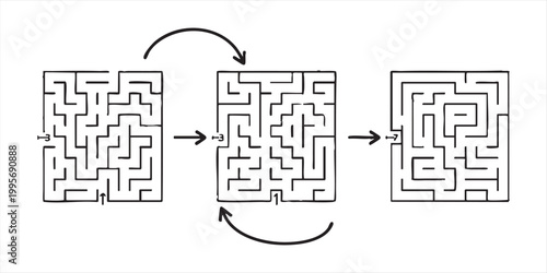 Maze puzzle logic challenge three stages arrow direction complexity progression