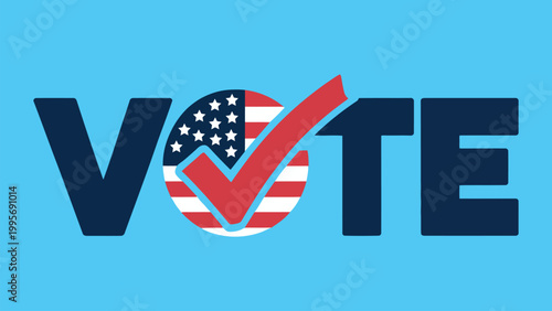 Vote text with American flag and red check mark icon, patriotic US election concept for presidential voting and democracy on blue background illustration