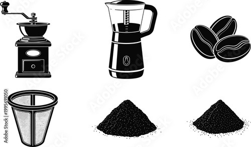 Collection of Black and White Coffee Making Icons and Elements Keywords: coffee grinder, manual coffee grinder, electric coffee grinder