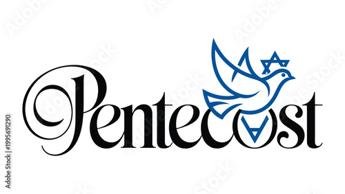 Pentecost religious banner with dove symbol and star of David, Christian holiday celebration typography and holy spirit illustration isolated on white background