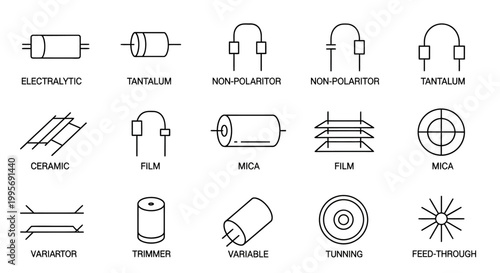 Various electronic component symbols and types.