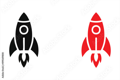 Rocket ship icon black and red silhouette launching into space